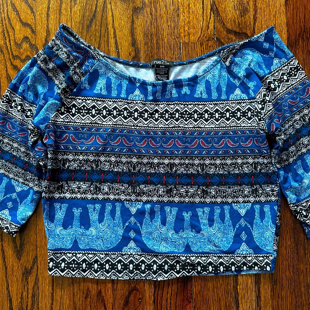 Rue21 Vibrant Elephant Blue and Black Patterned Blouse